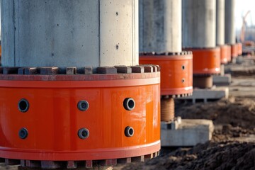 Naklejka premium Elastomeric Bridge Bearings for Damping on Construction Site