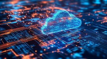 Digital cloud icon on a circuit board with orange and blue glowing lights in a modern design
