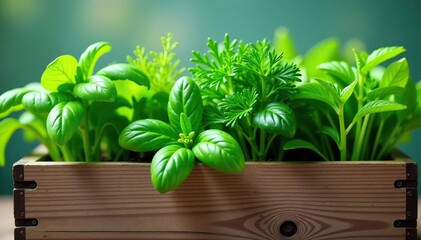 Close up of fresh green spring herbs and plants, including basil, parsley, and dill, in a rustic wooden planter box,  basil, spring