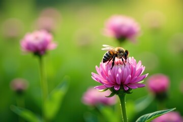 Close-up photo of bee on vibrant clover flower in meadow,  petals,  garden