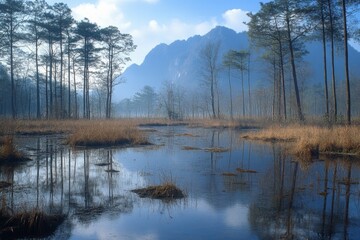 Obraz premium Still lake surrounded by forest and mountains reflecting the clear blue sky