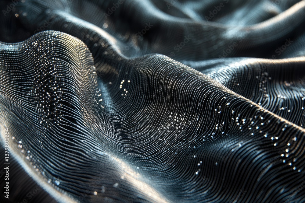 Poster Abstract waves of fabric-like surface with silver lines and dots, creating a modern, futuristic aesthetic.