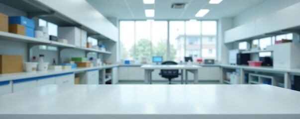 Blurred modern laboratory interior with empty white table for product display,  interior,  research