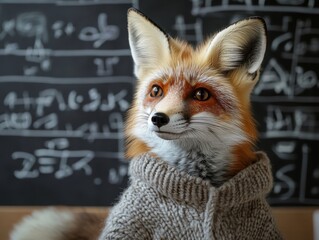 Proudly standing in front of a chalkboard filled with glowing equations is a clever fox that is wearing a cozy sweater and scarf showcasing its