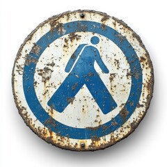 Rusty Pedestrian Sign with Blue Symbol Isolated on White