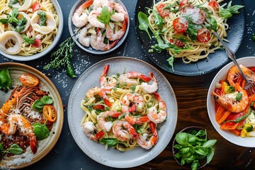 Delicious Shrimp Pasta Dishes: A Culinary Journey with Fresh Ingredients, Zesty Pesto, and Vibrant Tomatoes, Served with Basil and Parmesan Cheese,  Exquisite Flavors for a Satisfying Meal.