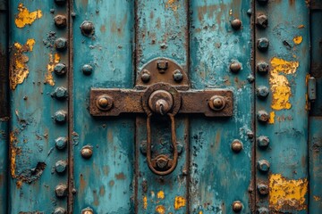 Close-up of a rustic turquoise door with metal handle and decorative bolts