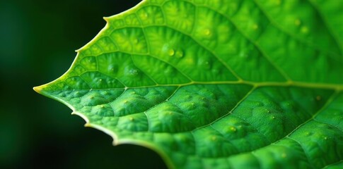 Close-up shot of a vibrant green leaf with intricate veins and textures,  close-up,  green