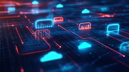 Abstract data flow with blue clouds and red lines on a dark background representing network connections