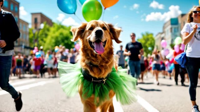 Joyful golden retriever in green tutu leads festive parade with colorful balloons and cheerful celebration all around.