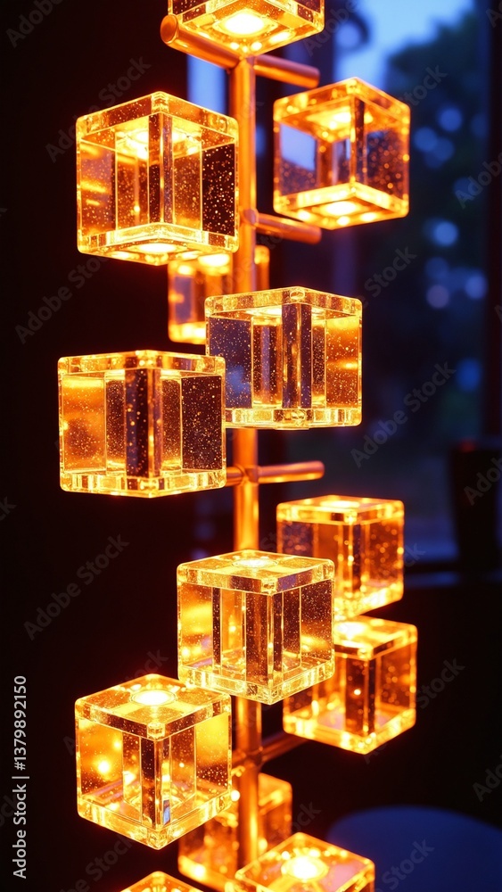 Aufkleber Glowing Transparent Cubes Reflecting Warm Light in a Dark Setting, Creating an Intriguing Abstract Visual Composition