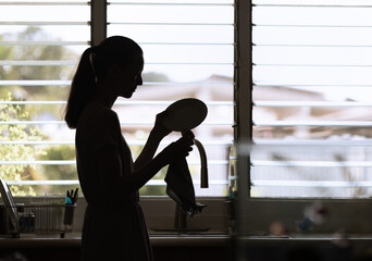 Woman in the kitchen cleaning the dishes 