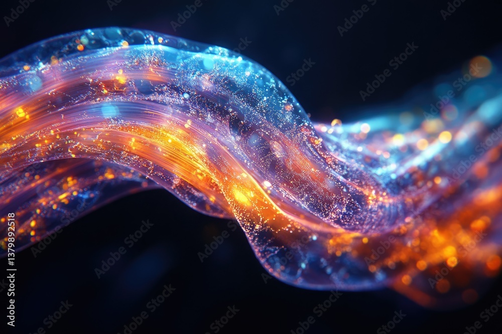 Poster abstract, flowing stream of glowing orange and blue light, resembling data or energy moving in a net