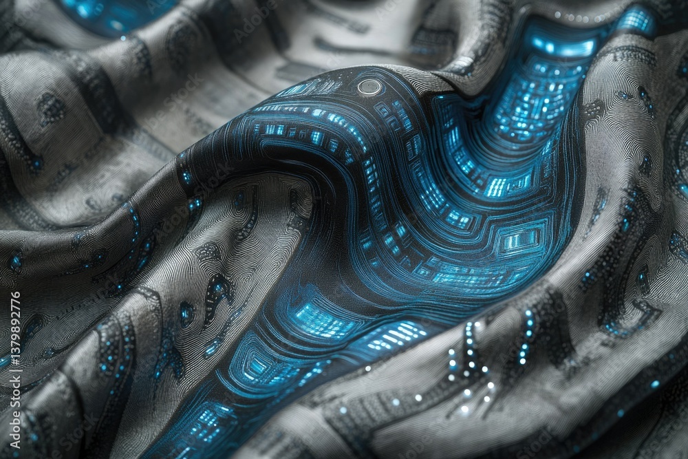Aufkleber an intricately textured fabric, embedded with glowing blue circuit patterns, drapes in a futuristic,
