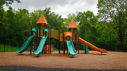 Colorful Outdoor Playground Equipment with Slides and Towers in Park on a Cloudy Day