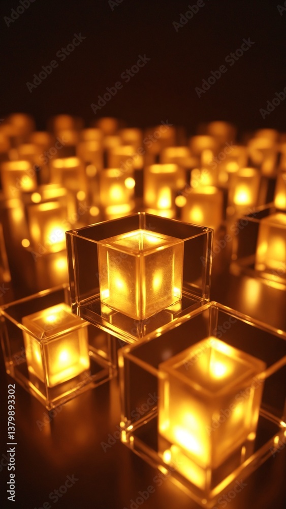 Poster Glowing Transparent Cubes Reflecting Warm Light in a Dark Setting, Creating an Intriguing Abstract Visual Composition