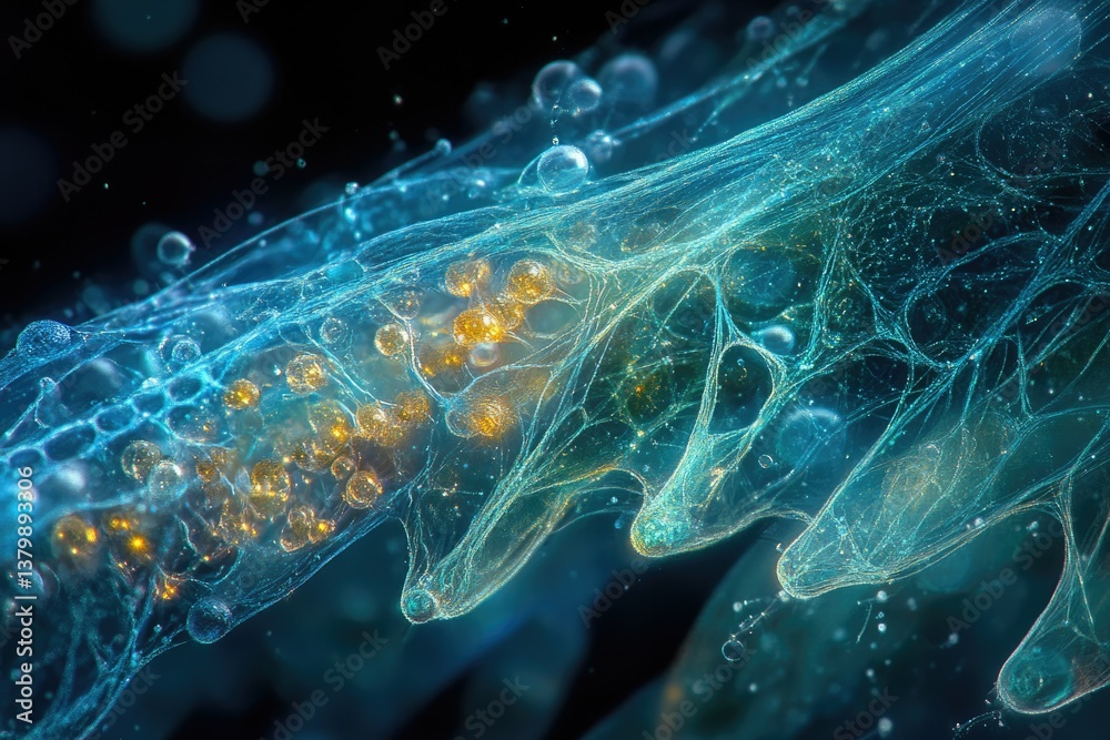Leinwandbilder a captivating microscopic view of cells and biological structures, highlighted by glowing golden par