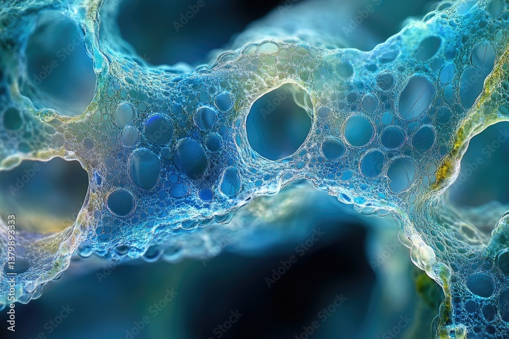 Poster A detailed close-up showcases a porous, blue-toned structure with numerous bubble-like forms, creating a captivating abstract composition with intricate textures and subtle highlights.