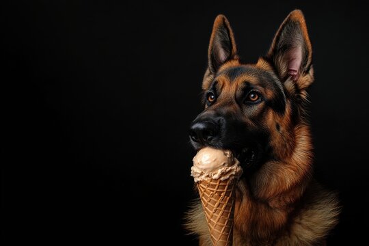 German shepherd enjoys ice cream cone in a dark setting with focused expression