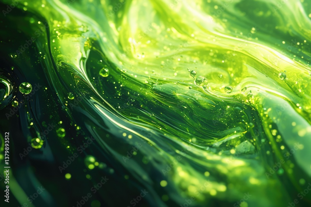 Poster Abstract green swirls with shimmering droplets, creating a fluid, dynamic composition of light and shadow, evokeing a sense of organic movement.
