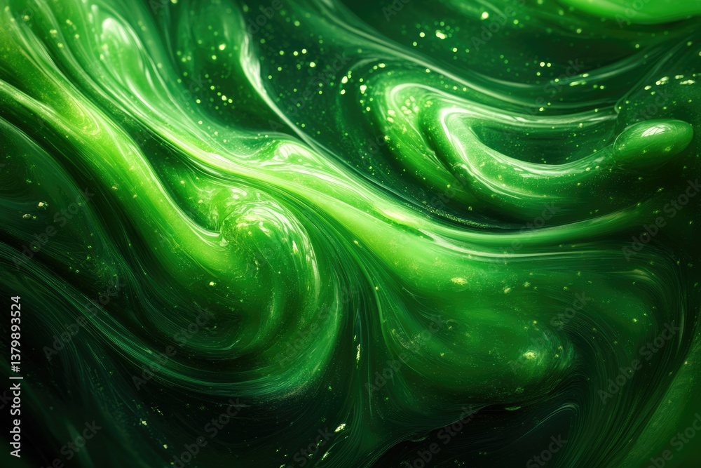 Poster abstract swirls of vibrant green liquid with shining speckles, creating a mesmerizing, organic-looki