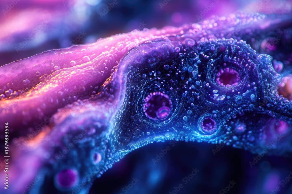 Poster an abstract rendering of a cellular structure with vibrant pink and blue hues, showcasing intricate 