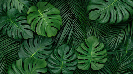 Tropical green leaves create lush background with overlapping patterns vibrant textures