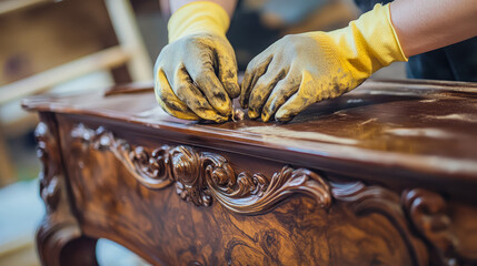vintage table restoration. furniture renovation, diy and home improvement concept - close up of restorer in gloves restorer paintwork on carved surface. Restorer service, antic shop, masterpiece
