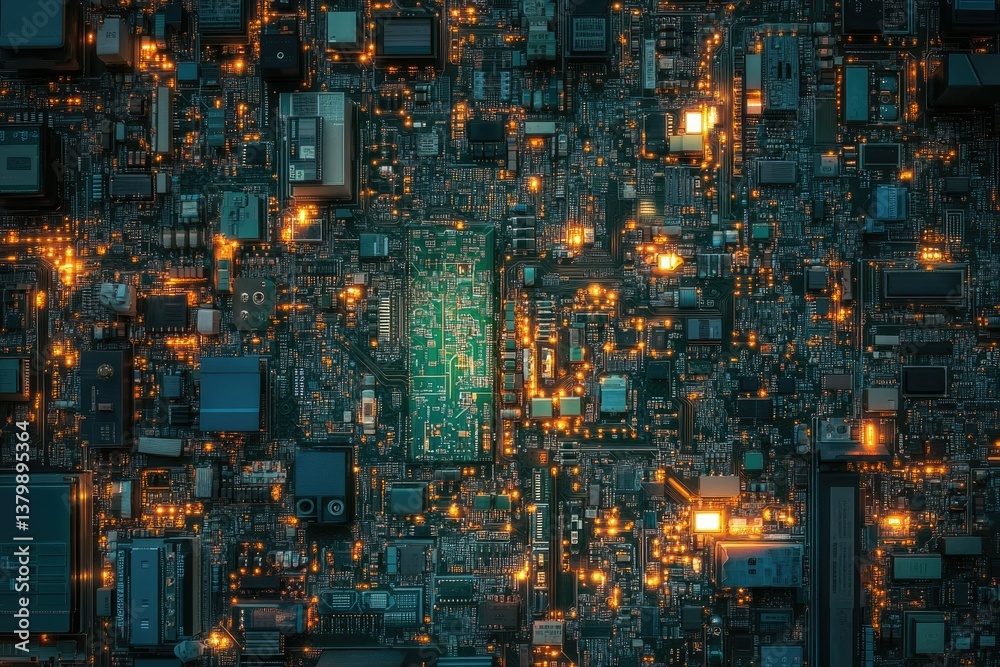 Leinwandbilder Detailed view of a complex computer circuit board with glowing elements, representing modern technology and digital connectivity.