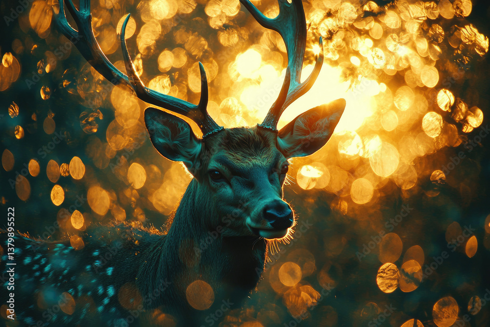 Poster majestic deer with large antlers, illuminated by warm golden bokeh in a forest setting.