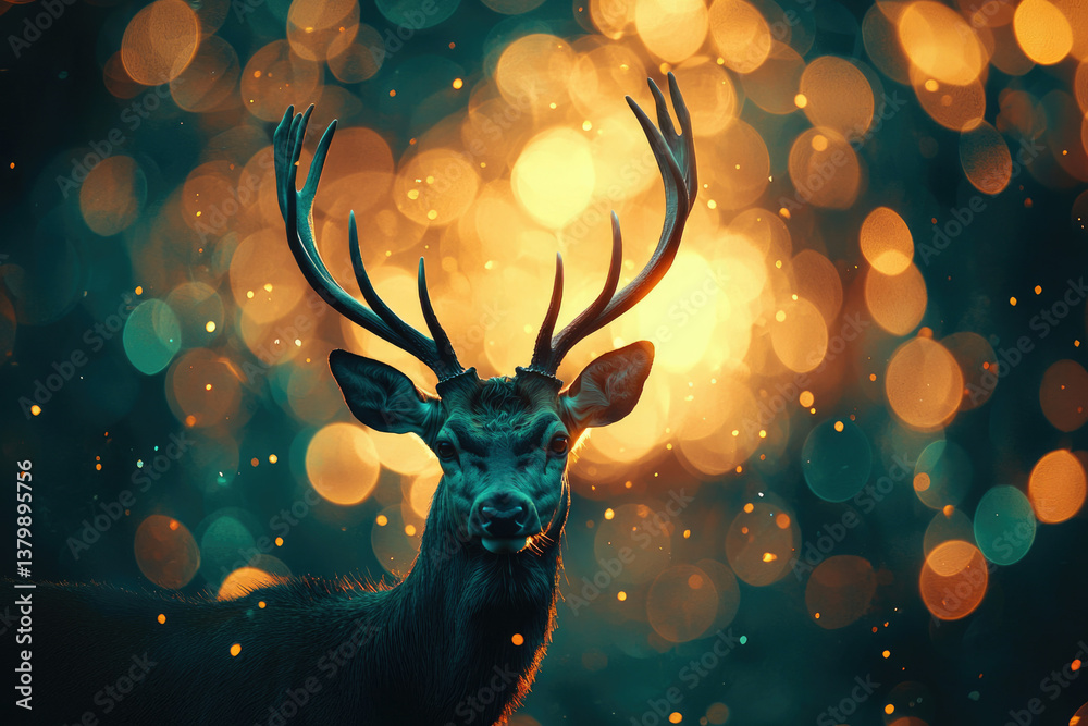 Poster majestic stag with large antlers stands in a bokeh of warm and cool lights.