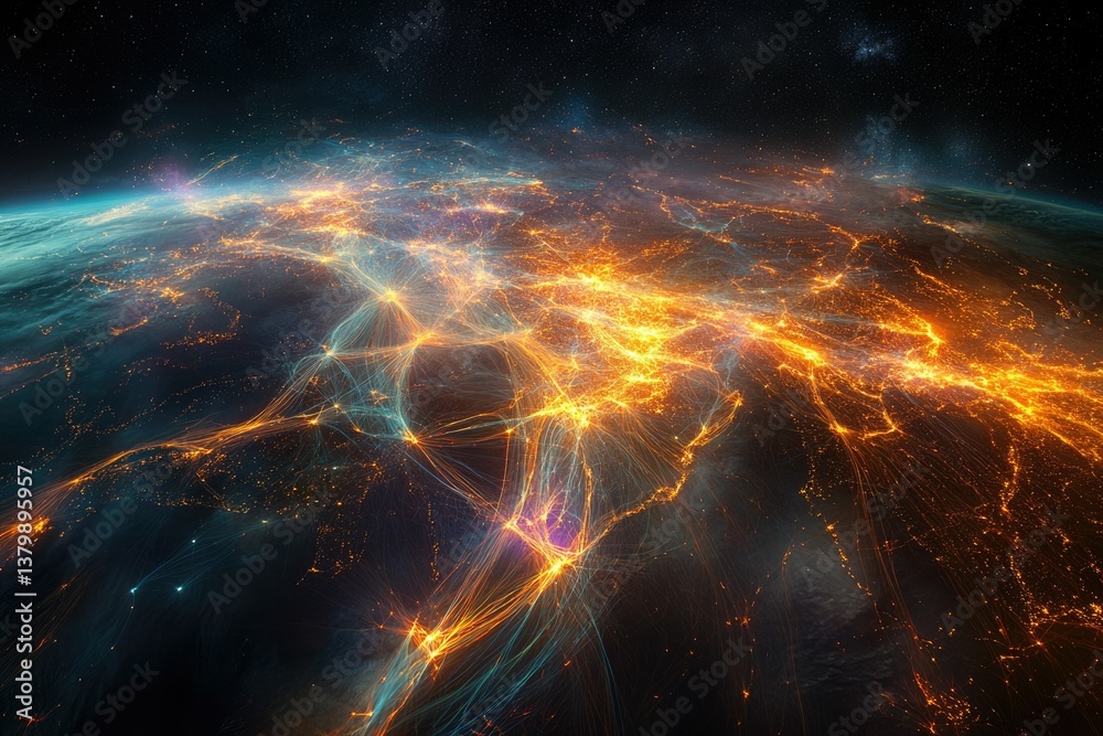 Poster Aerial view of a network of glowing lines connecting points on Earth, resembling city lights or communication networks from space.