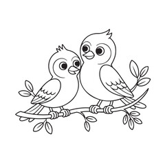 Birds on the branch lineart, Coloring page a couple birds on the branch tree. A black and white line art illustration of a bird couple perched on a branch against a white background.