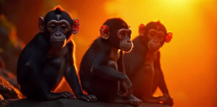 Three monkeys with black fur and black ears, sitting on a rock , warm lighting, jungle background