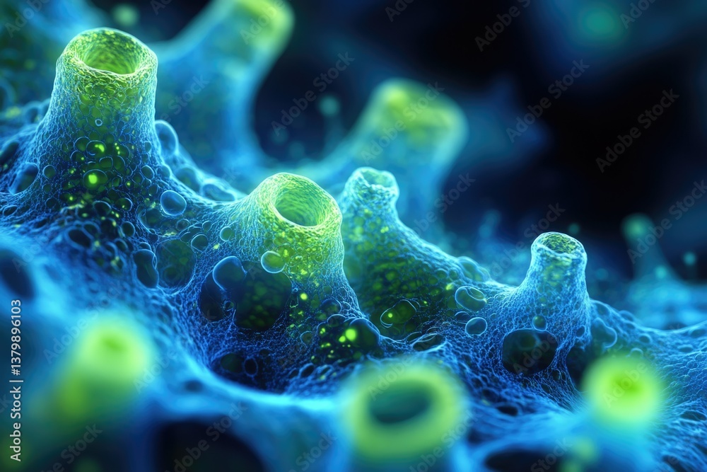Poster Microscopic view of a cellular structure featuring illuminated openings and intricate, interconnected networks in hues of blue and green.