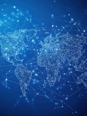 Abstract world map design with interconnected nodes and lines on a tech-style blue background representing global connectivity and digital networks