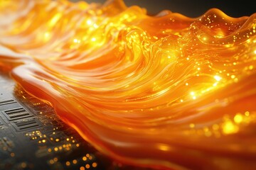 Golden liquid flows over a circuit board, illuminating with bright sparkles and suggestive of data streams and advanced technology.