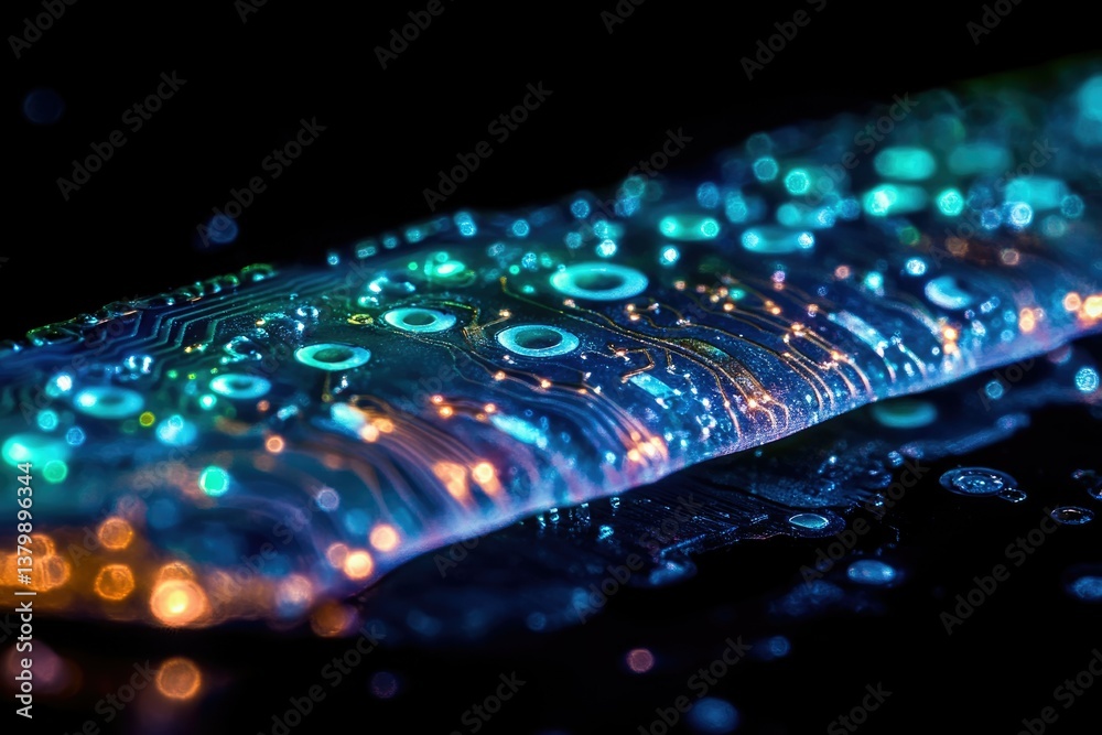 Poster a close-up of a futuristic circuit board with glowing lights and a dark background.