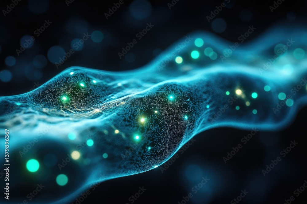 Poster Abstract representation of data flow or energy current, with glowing dots and blue waves.