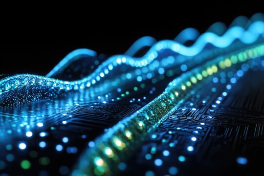 Glowing blue and green waves of data flow across a dark background, resembling circuits and energy transmission.