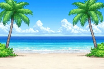 A pixel-art rendering of a cozy South Carolina beach scene, with pixelated palm trees and soft ocean waves