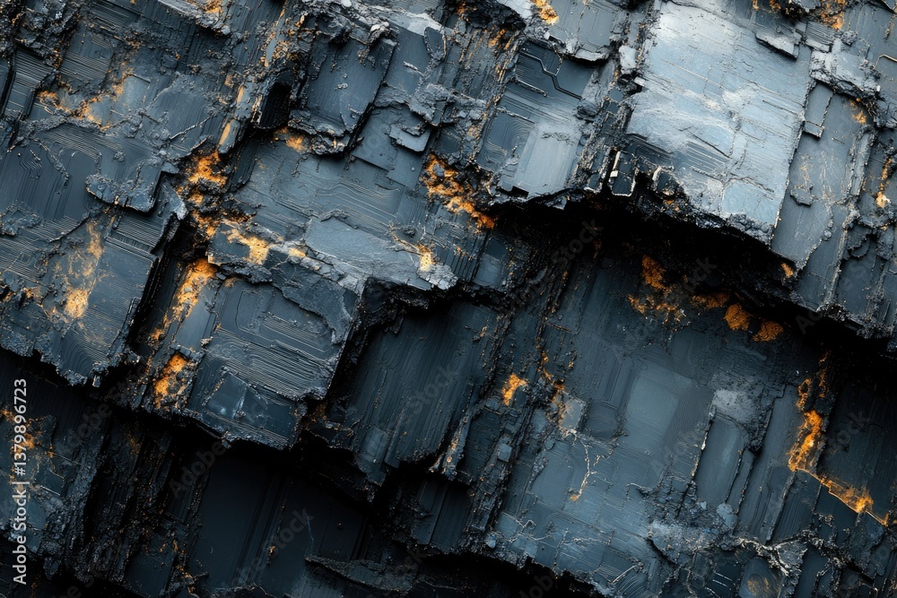 Poster close-up of dark, layered rock formation with golden veins creating textural contrast and depth in t
