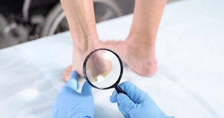 Doctor examines patient heel using magnifying glass. Man stands on elevated platform while professional in gloves looks for problem on foot skin