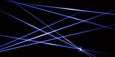 Purple intersecting laser beams, glowing stripes. Abstract vector on black background