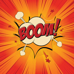 Comic text BOOM speech bubble. Explosion with flash, cloud and sound effect. Red pop art comic background with halftone dots.