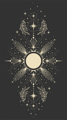 Beautiful drawing of the sun with stars and plants. Tarot cards, boho illustration, magic card. Template for poster and prints.
