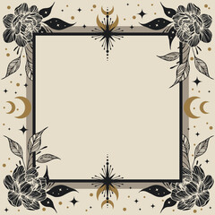 Vector frame with flowers, stars, crescents and a copy space. Banner with an elegant border and a place for text