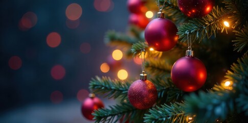 Obraz premium Sparkling Christmas tree with colorful baubles and soft, blurred lights, Blurred Lights, Holiday Cheer