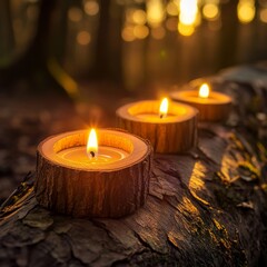 A warm and inviting wooden candle arrangement that evokes the cozy feelings of autumn