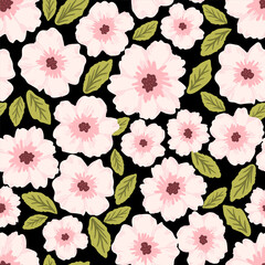 Floral vector seamless pattern. Delicate pink flowers, green leaves on a black background. For fabric prints, textile products, clothing.